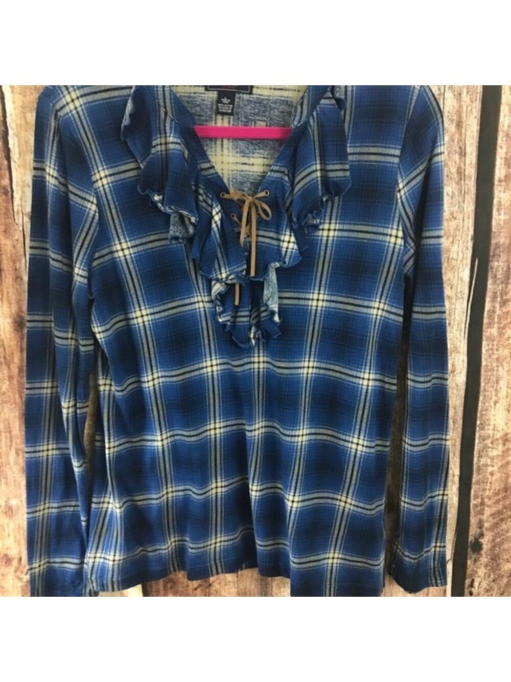 Denim Flannel Ruffled V Neck Pullover - Picture 2 of 7
